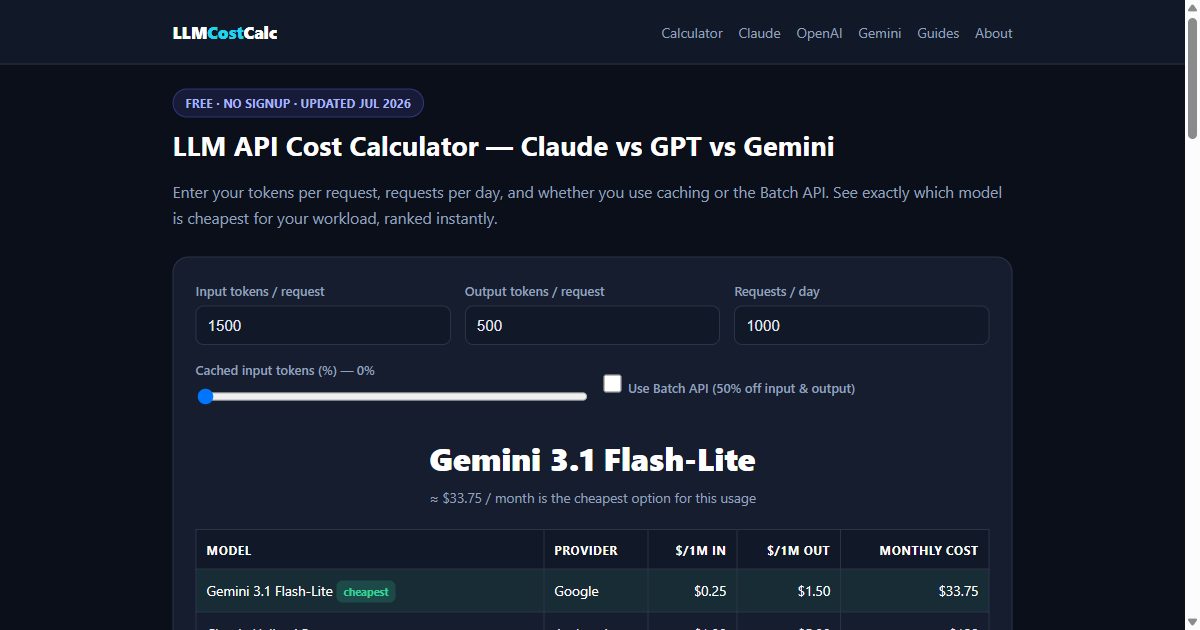 LLM API Cost Calculator のプレビュー